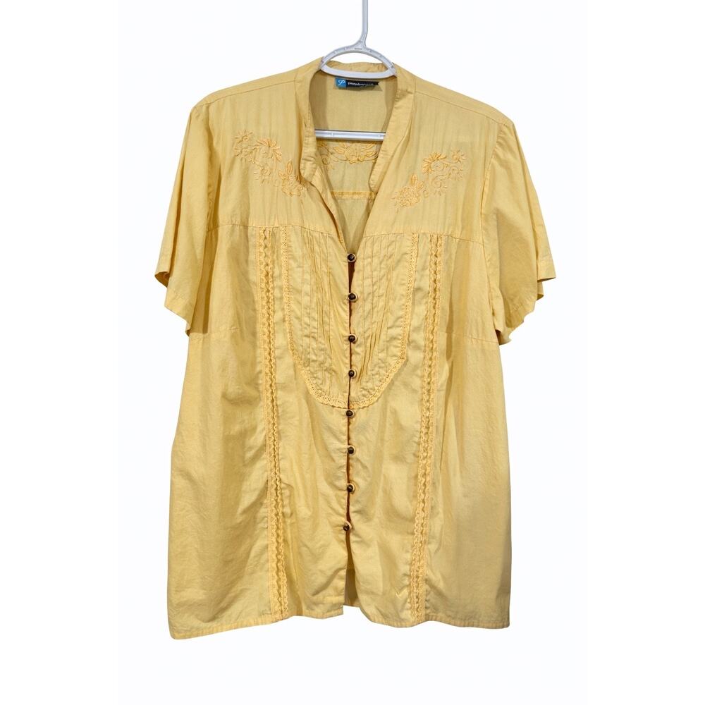 Penningtons 16 Butter Yellow Boho‎ Embroidered Cotton Blouse Cottagecore